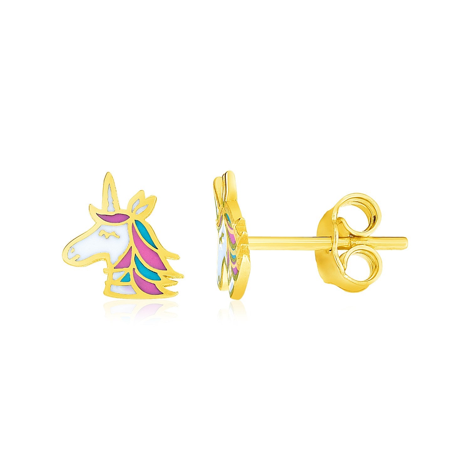 14k Yellow Gold Enameled Unicorn Childrens Earrings in a sleek high-contrast midnight luxury editorial style